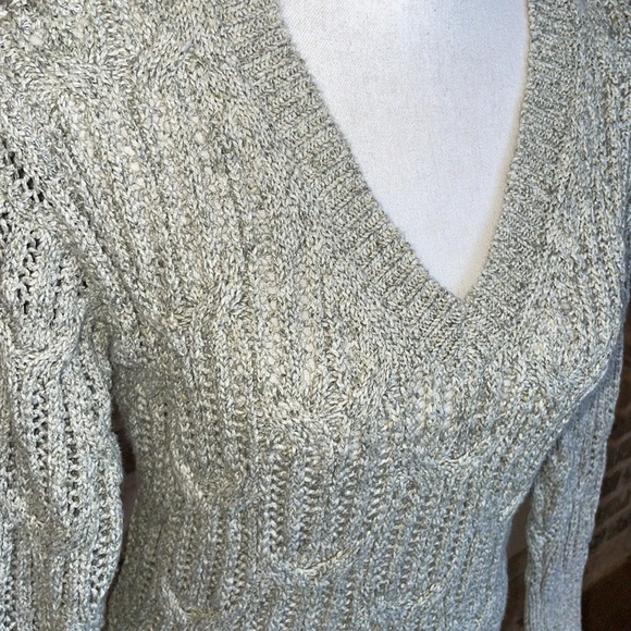 Chunky Cable Knit Open Weave Crochet Sweater Cozy Tan V-Neck Boho Chic Preppy XS - Picture 7 of 14